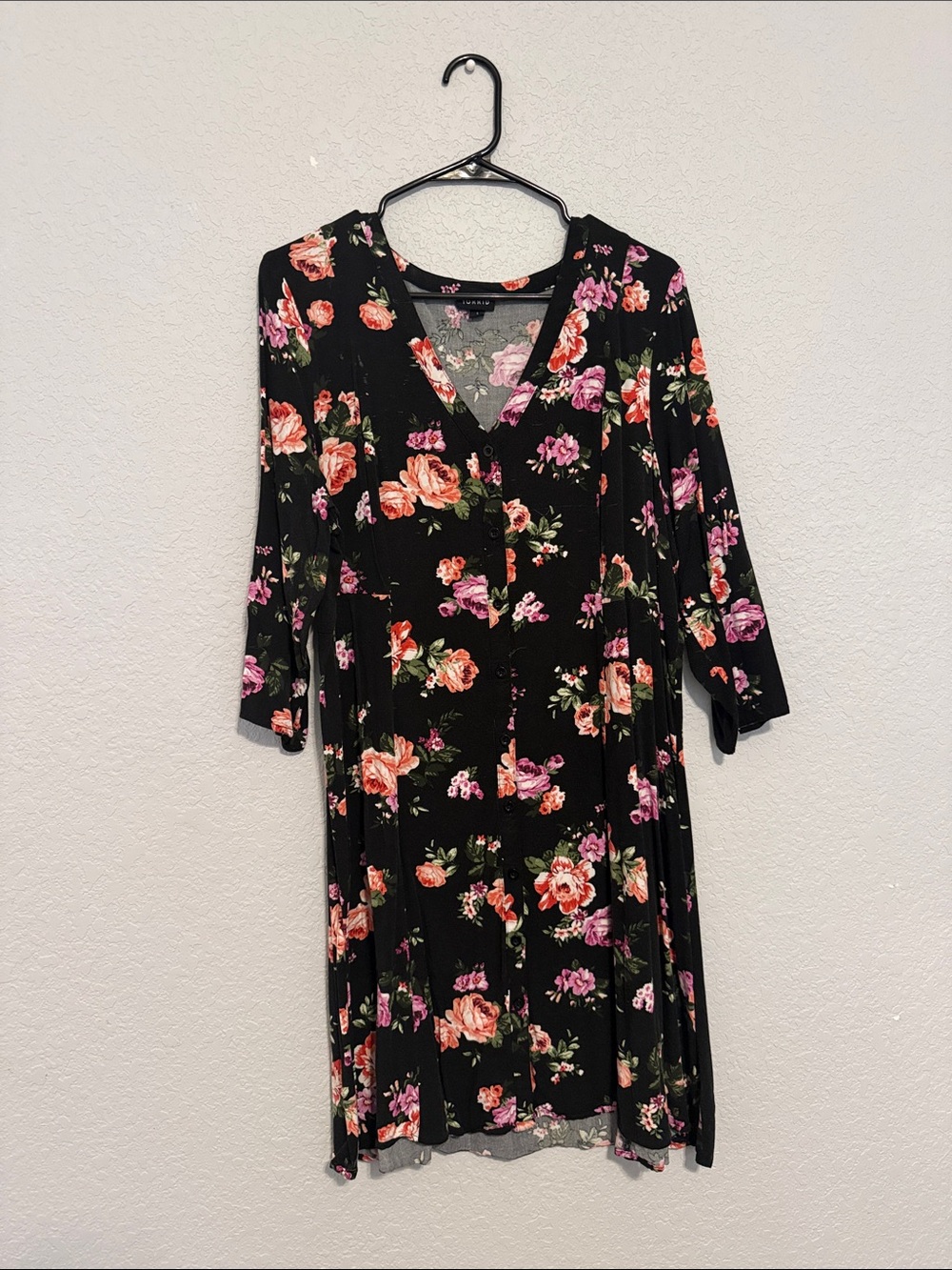 Torrid Black Floral V-Neck Midi Dress with Pink & Peach Blooms